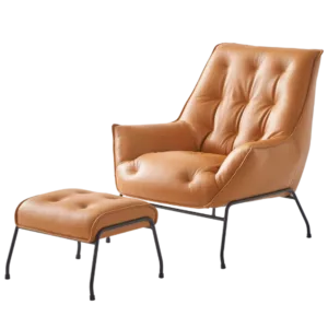 Modern Brown Leather Accent Chair & Ottoman of metal Frame & Legs Ideal For Living Room Bedroom.