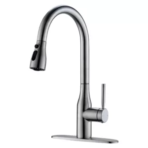 Brushed Nickel Single-Handle Pull-down Deck Mount Kitchen Sink Faucet with Three-Function Sprayhead