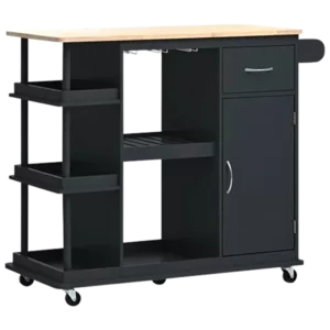 Multipurpose Kitchen Cart Cabinet with Side Storage Shelves,Rubber Wood Top, Adjustable Storage Shelves, 5 Wheels, Kitchen Storage Island with Wine Rack for Dining Room, Home,Bar,Black