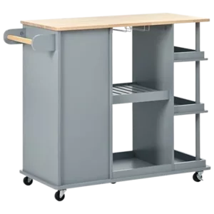 Multipurpose Kitchen Cart Cabinet with Side Storage Shelves,Rubber Wood Top, Adjustable Storage Shelves, 5 Wheels, Kitchen Storage Island with Wine Rack for Dining Room, Home,Bar,Grey Blue