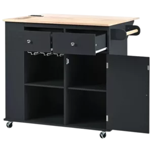 Kitchen Island with Power Outlet,Kitchen Storage Island with Drop Leaf and Rubber Wood,Open Storage and Wine Rack,5 Wheels,with Adjustable Storage for Home, Kitchen, and Dining Room, Black