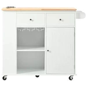 Kitchen Island with Power Outlet,Kitchen Storage Island with Drop Leaf and Rubber Wood,Open Storage and Wine Rack,5 Wheels,with Adjustable Storage for Home, Kitchen, and Dining Room,White