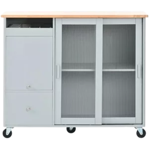 Kitchen Island with Drop Leaf, LED Light Kitchen Cart on Wheels with 2 Fluted Glass Doors and 1 Flip Cabinet Door, Large Kitchen Island Cart with an Adjustable Shelf and 2 Drawers (Grey Blue)