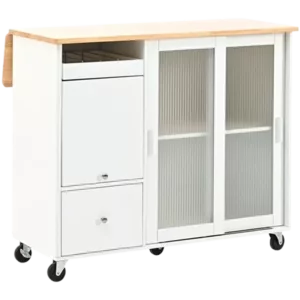 Kitchen Island with Drop Leaf, LED Light Kitchen Cart on Wheels with 2 Fluted Glass Doors and 1 Flip Cabinet Door, Large Kitchen Island Cart with an Adjustable Shelf and 2 Drawers (White)
