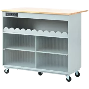 Kitchen Island with Drop Leaf, LED Light Kitchen Cart on Wheels with Power Outlets, 2 Sliding Fluted Glass Doors, Large Kitchen Island Cart with 2 Cabinet and 1 open Shelf (Grey Blue)