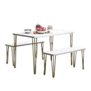 3-Piece Dining Table Set with 2 Benches, Featuring Thick Table and Bench Tops with an Elegant Iron Frame for 4 in Cozy Spaces, in Faux Marble White with Gold Accents