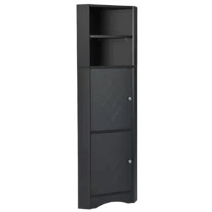 Black Tall MDF Board Freestanding Storage Bathroom Corner Cabinet with Doors and Adjustable Shelves