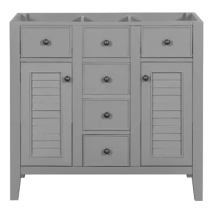 36" Bathroom Vanity without Sink, Cabinet Base Only, Two Cabinets and Five Drawers, Solid Wood Frame, Gray