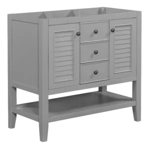 36" Bathroom Vanity without Sink, Cabinet Base Only, Two Cabinets and Drawers, Open Shelf, Solid Wood Frame, Gray