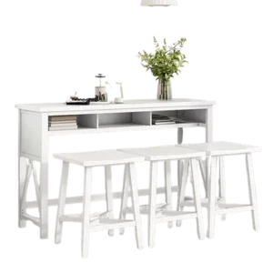 Modern White 4 Piece Dining Set Rectangular Table with 3 Stools for Small Places