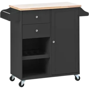 K&K Store Kitchen Cart with Spice Rack ,Towel Rack & Two Drawers,Rubber wood top,Kitchen Island with 4 Wheels for Dining Rooms Kitchens Living Rooms, Black