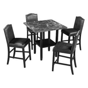 Modern Black 5 Piece Square Dining Set of Faux Marble Top with 4 Chairs and Bottom Shelf for Dining Room