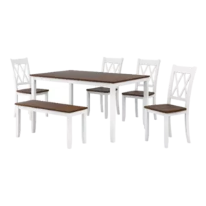 Modern White 6 Piece Dining Set Rectangular Wooden Table With Cross Back 4 Chairs and Bench For Dining Room