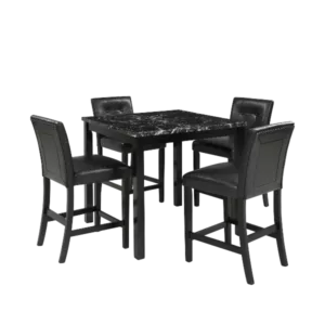 Modern Black 5-Piece Square Dining Table Set of Faux Marble Top with 4 PU Leather-Upholstered Chairs For Dining Room