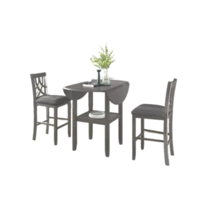 Farmhouse 3 Piece Round Counter Height Kitchen Dining Table Set with Drop Leaf Table, One Shelf and 2 Cross Back Padded Chairs for Small Places, Gray