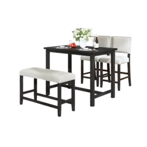 Modern Espresso+Beige 4 Piece Rectangular Dining Table Set of Wood with 2 Chair And Upholstered Bench for Small Places