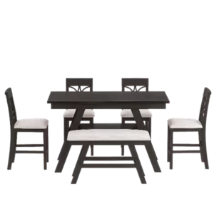 Espresso+Beige Cushion 6-Piece Rectangular Dining Table Set of  Wood with Storage Shelf Bench and 4 Upholstery Chairs For Dining Room