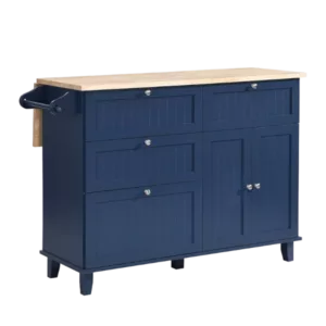 TOPMAX Farmhouse Kitchen Island Set with Drop Leaf and 2 Seatings,Dining Table Set with Storage Cabinet, Drawers and Towel Rack, Blue+Black+Brown