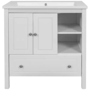 32.13 in.  White Bath Vanity White Ceramic Top, Bath Storage Cabinet Doors & Drawers