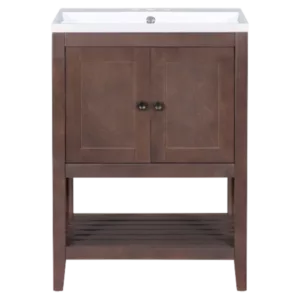 33 in. Bathroom Vanity Desk in Brown with Open Style Shelf and Pure White Ceramic Sink Top