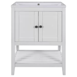 33 in. Bathroom Vanity Desk in White with Open Style Shelf and Pure White Ceramic Sink Top