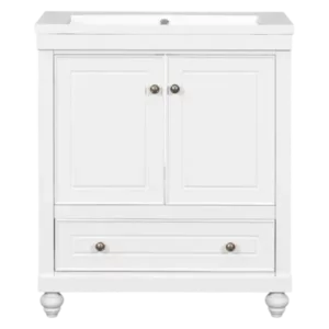 30" Bathroom Vanity with Sink, Combo, Cabinet with Doors and Drawer, Solid Frame and MDF Board, White