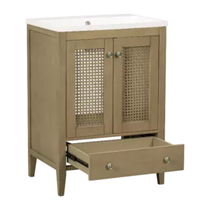 24" Bathroom Vanity with Ceramic Basin, Rattan Bathroom Storage Cabinet with Two Doors and Drawer, Solid Frame, Natural
