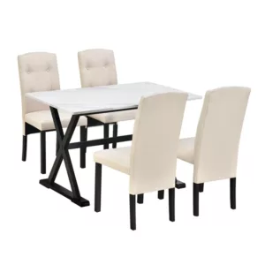 White+Beige 5-Piece Rectangular Dining Table Set of  Solid Wood with Faux Marble Tabletop and 4 Upholstered Chairs for Dining Room