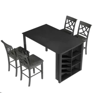 Gray Counter Height 5-piece Solid Wood Dining Table Set, 59*35.4Inch Table with Wine Rack and 4 Upholstered Chairs For Small Place