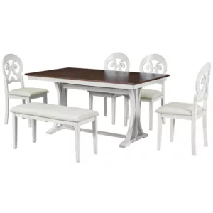 Antique White+Cherry Mid-Century 6-Piece Trestle Table Set with 4 Victorian Round Upholstered Dining Chairs and Long Bench For Dining Room