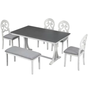 Antique White And Gray 6 Piece Dining Set Rectangular Trestle Base Table With 4 Dining Chairs And  Long Bench For Dining Room