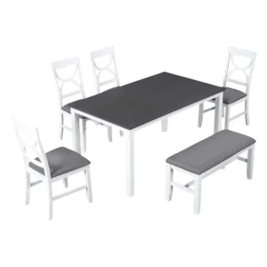 Modern White+Gray 6 Piece Rectangular Dining Table Set of Wood With Bench and 4 Chairs For Dining Room