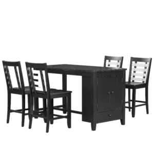 Modern Black Counter Height 5-piece Dining Table Set with Faux Marble Tabletop, with Storage Cabinet and Drawer For Dining Room