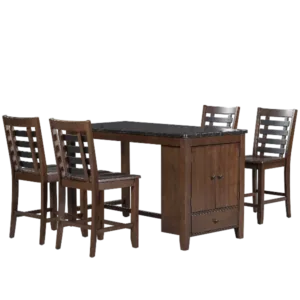 Dark walnut Counter Height 5-piece Dining Table Set with Faux Marble Tabletop, 4 Dining Chairs Solid Wood Table Set with Storage Cabinet and Drawer Ideal For Dining Room
