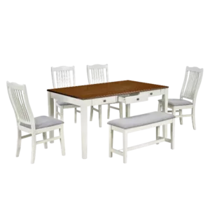Modern Butter Milk 6-Piece Rectangular Dining Table Set of Wood with Drawer, 4 Upholstered Chairs and Bench For Dining Room