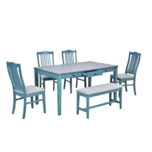 Modern Antique Blue 6-Piece Rectangular Dining Table Set of Wood with Drawer, 4 Upholstered Chairs and Bench For Dining Room