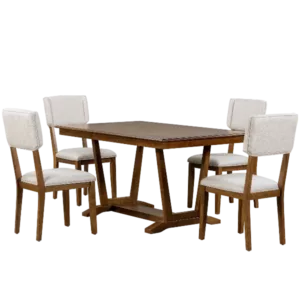 Walnut Rustic 5-piece Rectangular 59-inch Dining Table Set with 4 Upholstered Chairs and Trestle Table Base For Dining Room
