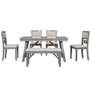Modern Gray 6-Piece Rectangular Dining Table Set of  Solid Wood with 4 Upholstered Chairs and Bench For Dining Room