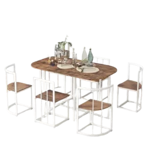 Modern White+Cherry Iron Frame 7-Piece Dining Table Set with Faux Marble, 55 Inch Rectangular Kitchen Table, And 6 Chairs For Appartment