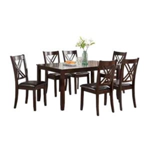 Espresso Finish 7pcs Recangular Dining table Set With  6 Faux Leather Upholstery Cushioned X back Chairs Ideal For Dining Room