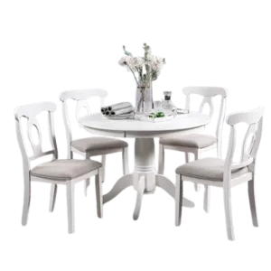 Modern White 5pc Set Round Table 4 Side Chairs Cushion Fabric Upholstery Seat Rubberwood Furniture Ideal For Dining Room