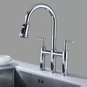 Double Handles Kitchen Faucet with Pull Down Spout in Brushed Nickel