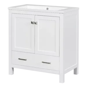 30" White Bathroom Vanity with Single Sink, Combo Cabinet Undermount Sink, Bathroom Storage Cabinet with 2 Doors and a Drawer, Soft Closing, Multifunctional Storage, Solid Wood Frame