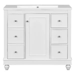 Contemporary White Bathroom Vanity Cabinet - 36x18x34 inches, 4 Drawers & 1 Cabinet Door, Multipurpose Storage, Resin Integrated Sink, Adjustable Shelves, Solid Wood Frame with MDF