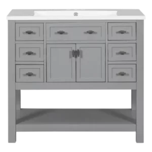 35.2 in. W x 18 in. D x 34.1 in. H Freestanding Bath Vanity in Gray & White Resin Top Single Sink, 2 Doors and 6 Drawers