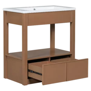 30" Bathroom Vanity with Sink Top, Bathroom Cabinet with Open Storage Shelf and Two Drawers, Brown