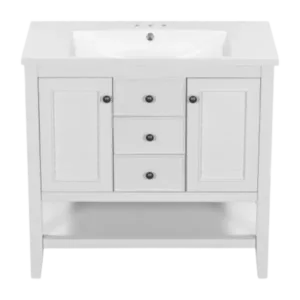 36" Bathroom Vanity with Ceramic Basin, Two Cabinets and Drawers, Open Shelf, Solid Wood Frame, White