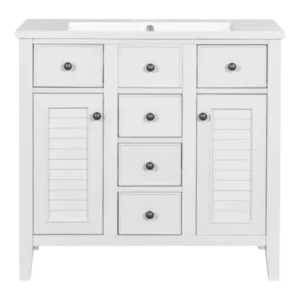 36" Bathroom Vanity with Ceramic Basin, Two Cabinets and Five Drawers, Solid Wood Frame, White