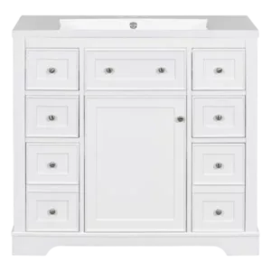 36" Bathroom Vanity with Ceramic Basin, Two Cabinets and Five Drawers, Solid Wood Frame, White
