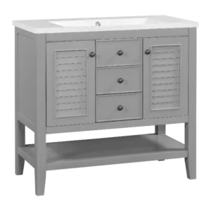36" Bathroom Vanity with Ceramic Basin, Two Cabinets and Drawers, Open Shelf, Solid Wood Frame, Grey